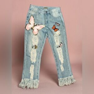 Embroidered Butterfly Fringe Hem Jeans